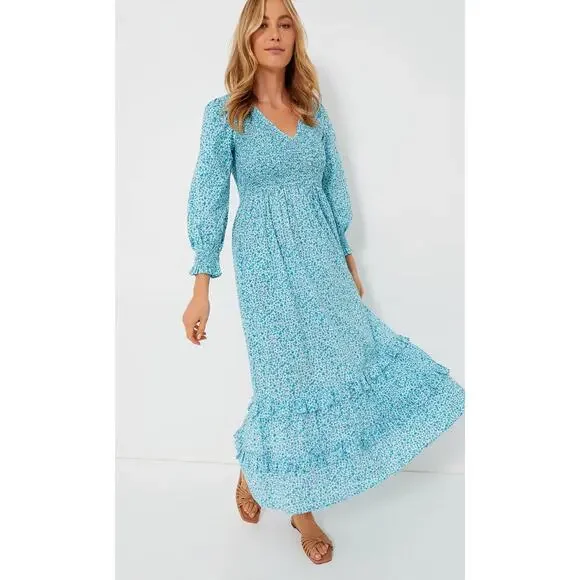 Pink City Prints Tuckernuck Ocean Ditsy Isabel V Neck Dress Long Sleeve Cotton - Picture 7 of 16